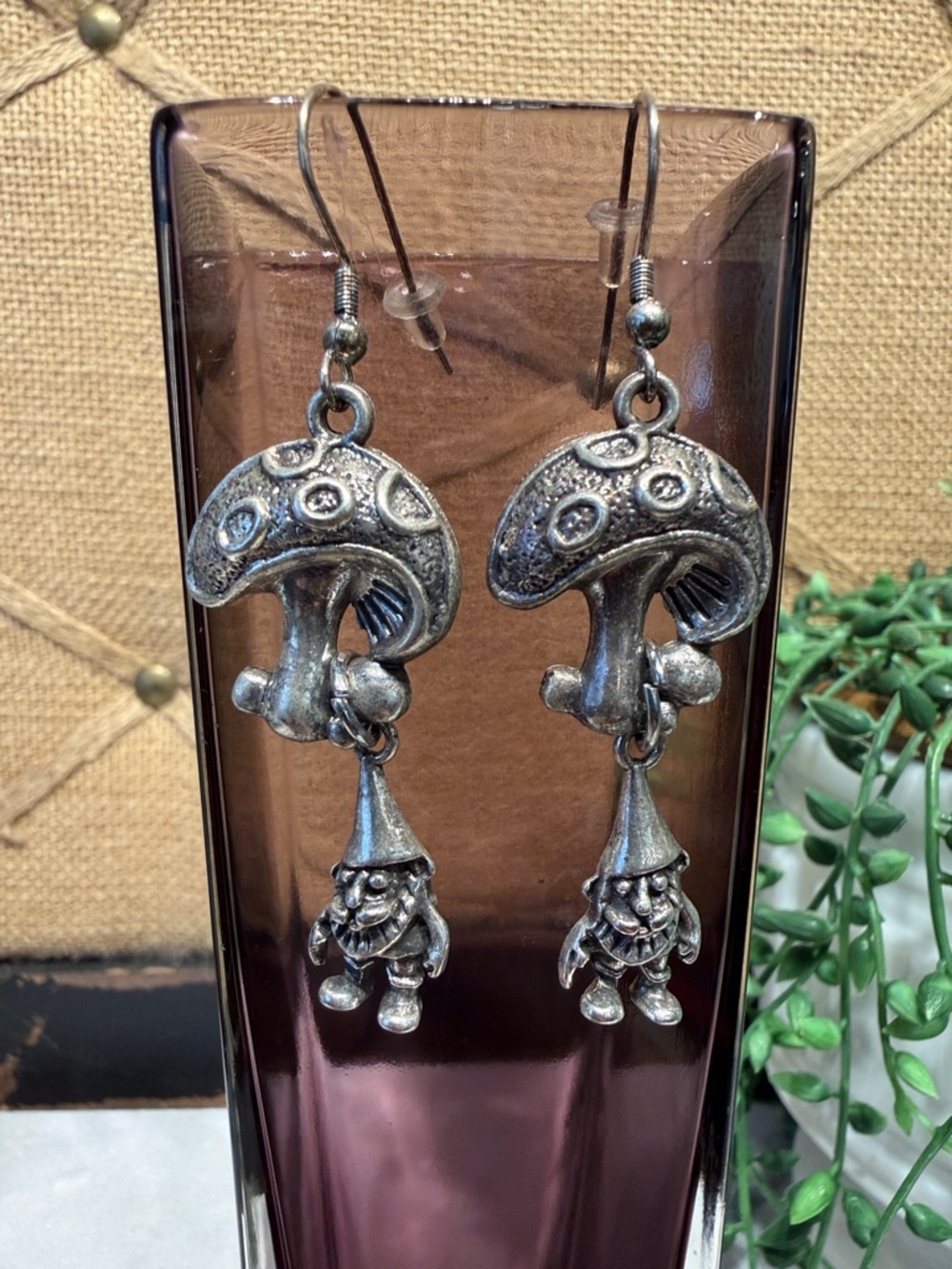 Silver Mushroom and Gnome Dangle Earrings